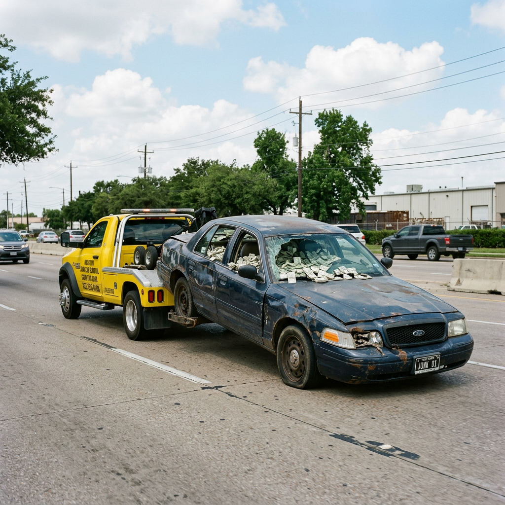 A junk car full of cash being towed away